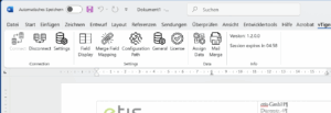 vTiger Word-Addin interface in Microsoft Word – toolbar with CRM integration, mail merge, and field mapping options