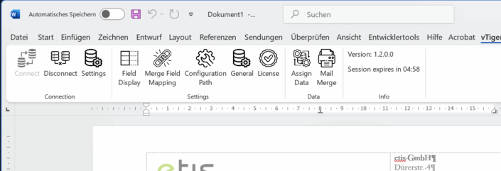vTiger Word-Addin interface in Microsoft Word – toolbar with CRM integration, mail merge, and field mapping options